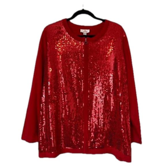 Quacker Factory Long Sleeve Red Sequin Embellished Zipper Front Cardigan Size 1X - Picture 12 of 15